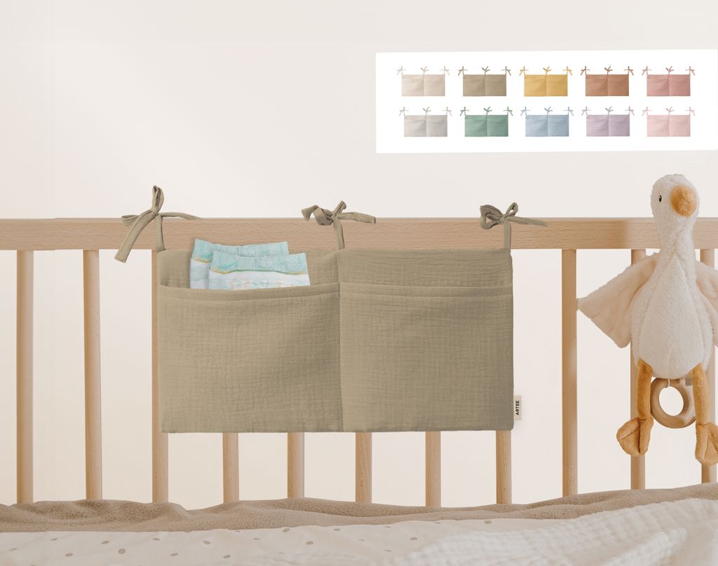 Babybett Organizer Tasche Aufbewahrung aus Musselin Farbe Sand