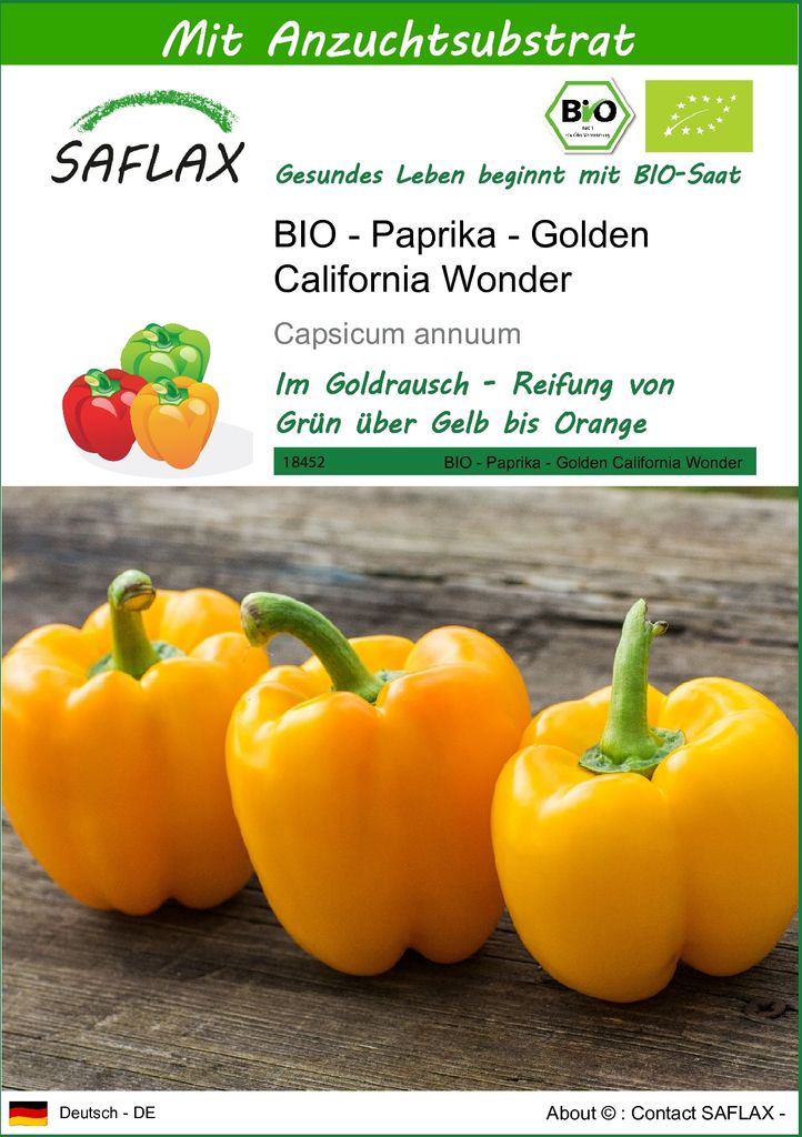 SAFLAX - BIO - Paprika - Golden California Wonder - 20 Samen - Mit keimfreiem Anzuchtsubstrat - Capsicum annuum