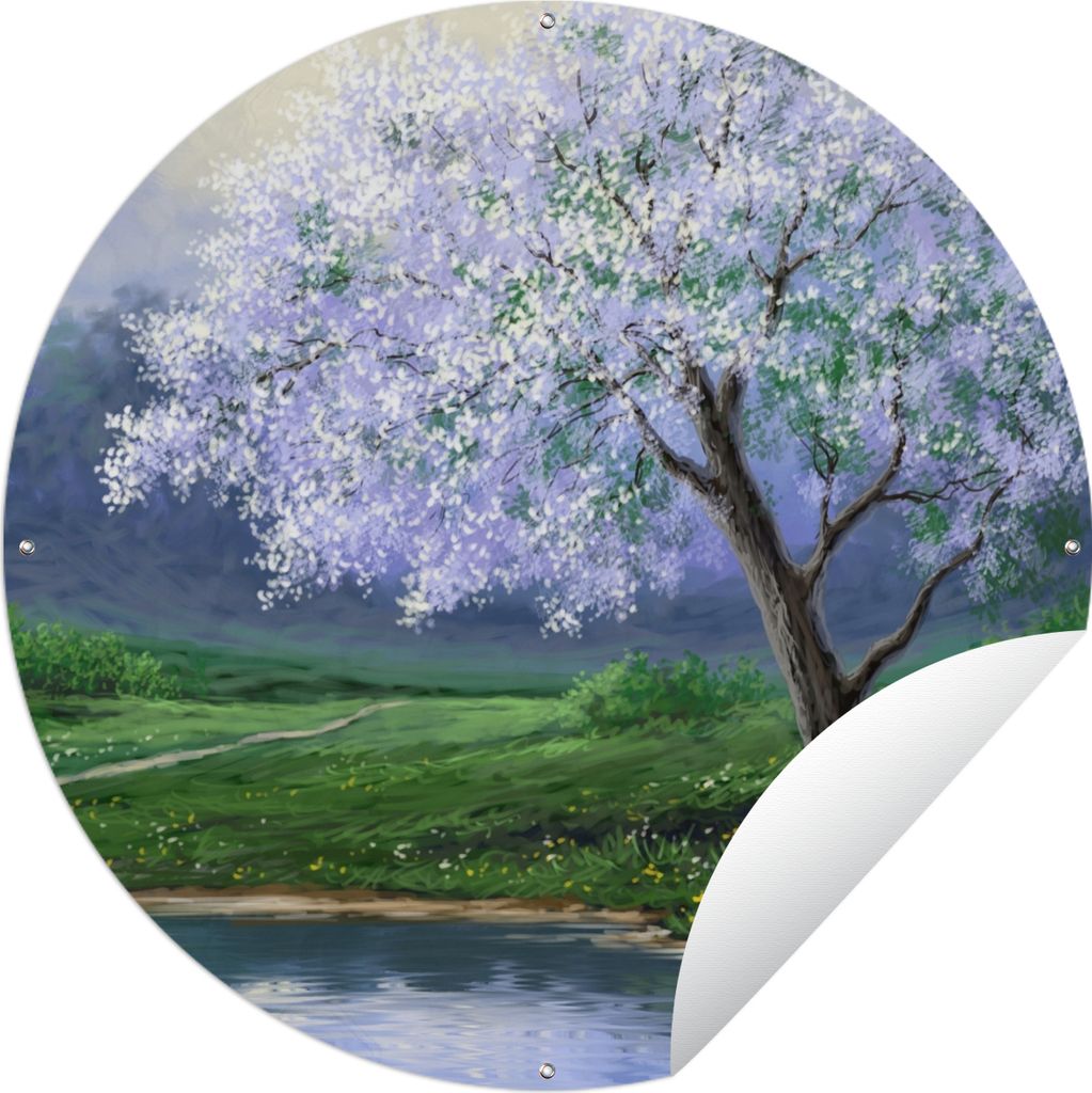 MuchoWow Gartenposter Outdoor-Poster Rund Malerei - Baum - Blüte - Natur - Wasser Ø 120 cm Gartendeko Rundes Poster draußen