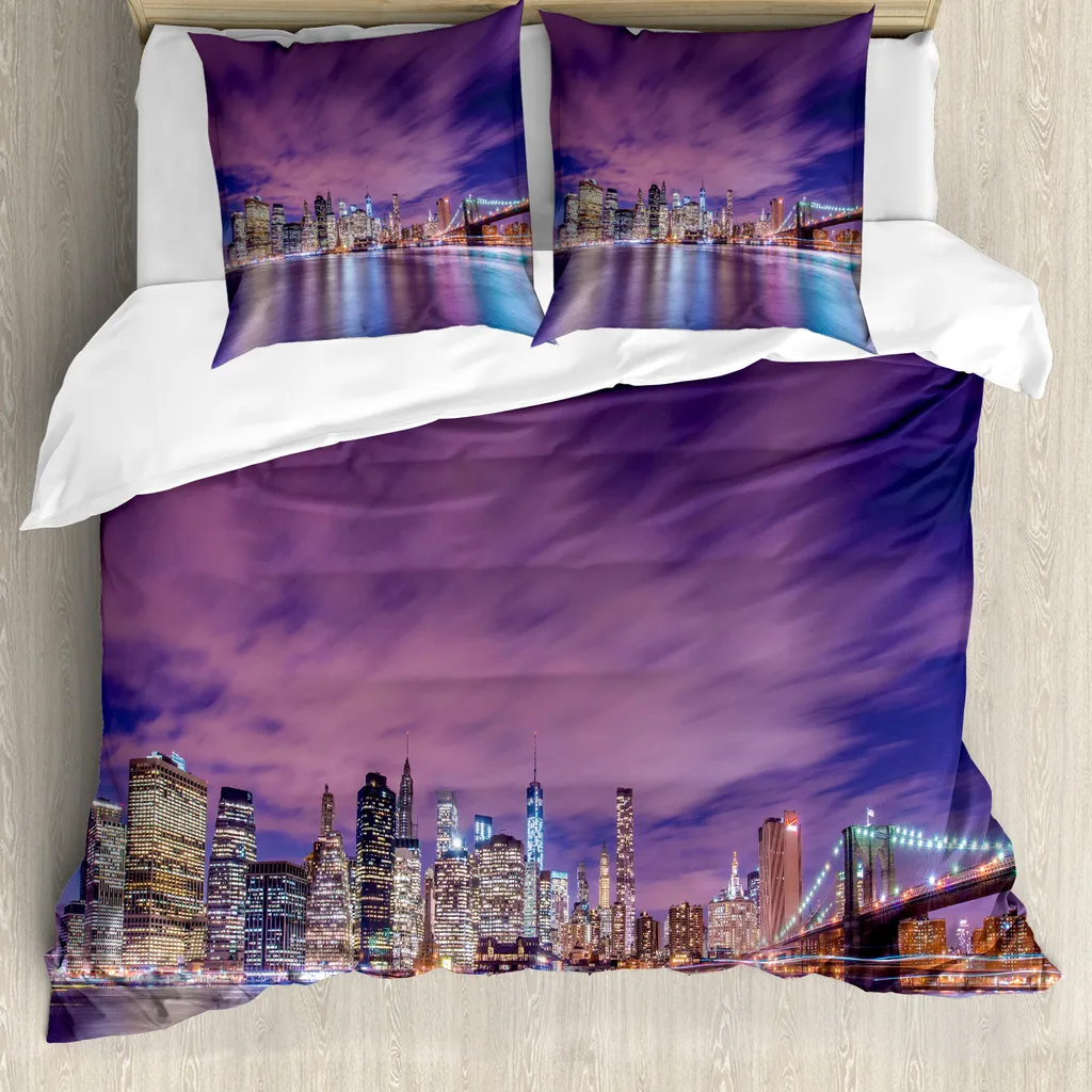 ABAKUHAUS Set copripiumino urbano per letti matrimoniali, skyline di New York City, antiacaro, adatto a chi soffre di allergie, con federe, multicolore