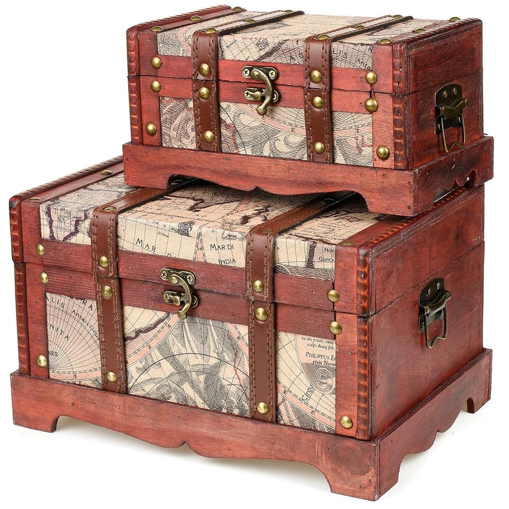 SEVICO 2er Schatztruhe Schatzkiste mit Schloss Holz Holzkiste Holztruhe Piraten Truhe Box verschiedene Größen Varianten F104