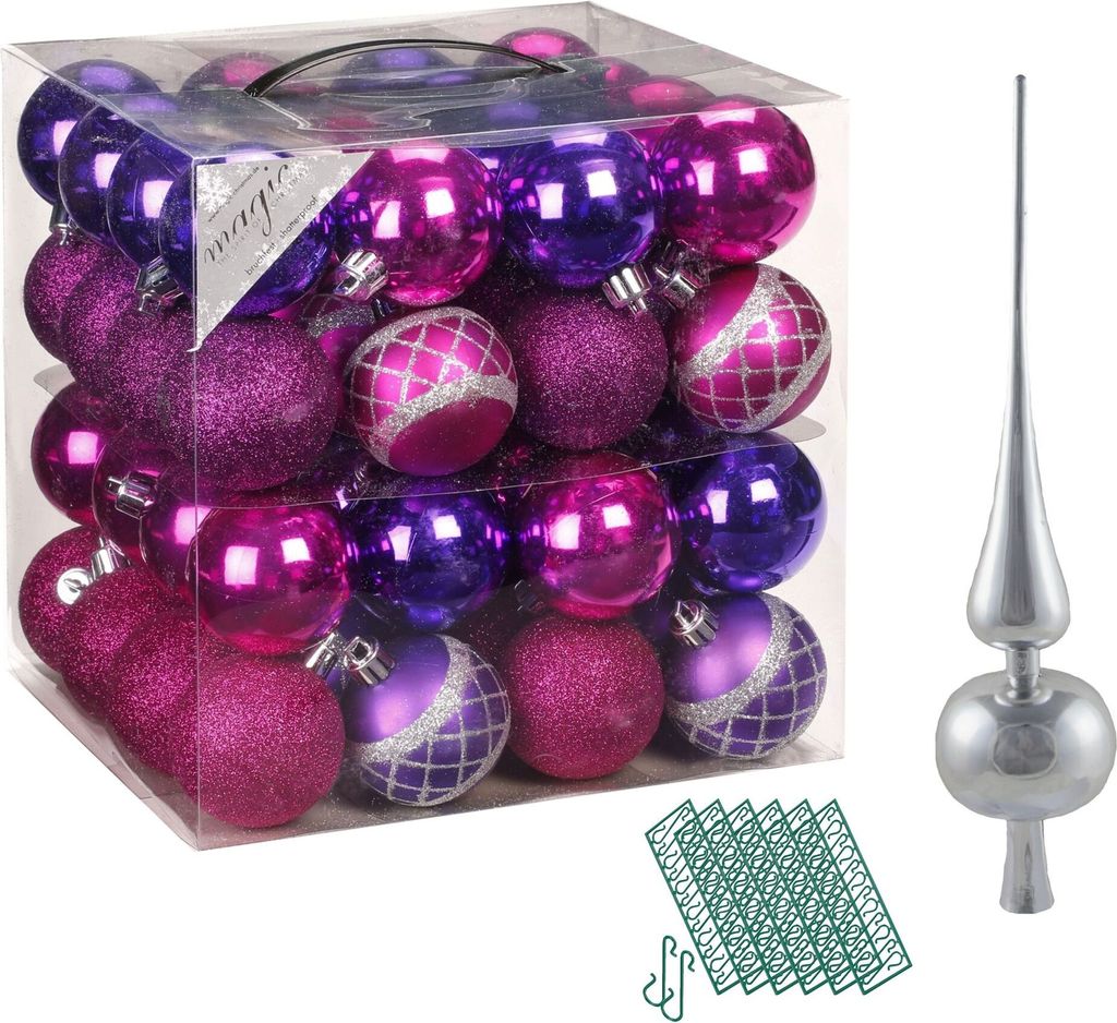 JACK 64x Kunststoff Christbaumkugeln Ø 6cm + Spitze 28cm inkl. Aufhänger Dekor Kugeln Set Weiß Rot Gold Grün Blau Silber, Farbe:Pink-Purple-Mix