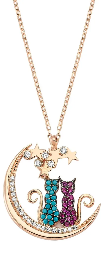Collier Chat Lune Argent 925 : Bijou Hypoallergénique Or Rose pour Peau Sensible