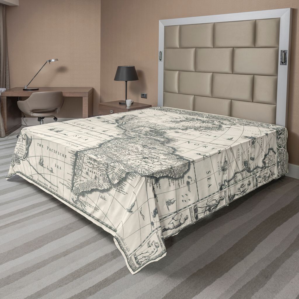 ABAKUHAUS Weltkarte Bettlaken, Antike Karte Amerika Im 1600Er Welt Im Mittelalter Zeit Im Retro Stil, weiches bequemes oberes Bettlaken für ein de...