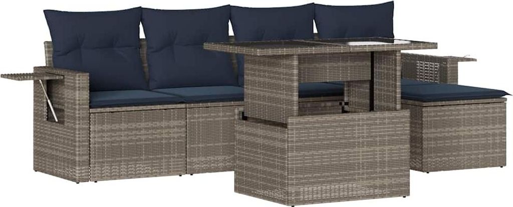 6-teiliges Gartensofa-Set mit Kissen, grau, Polyrattan
