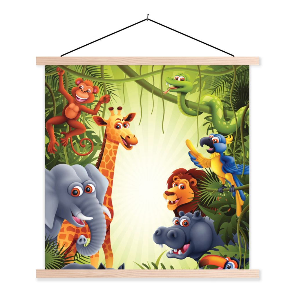 MuchoWow Textilposter Dschungel - Jungen - Mädchen - Baby - Elefant - Löwe - Giraffe 120x120 cm mit holzfarbenen Rahmen - Textil-Poster