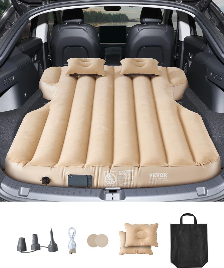 An inflatable mattress laid out in the trunk of a car, with accessories shown below.