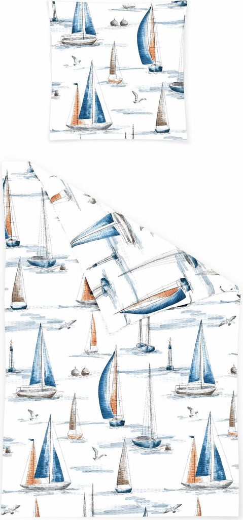 JACK by Bierbaum Seersucker Bettwäsche 2 tlg. 135x200cm Maritim Blau Offwhite Segelschiff Meer Reißverschluss