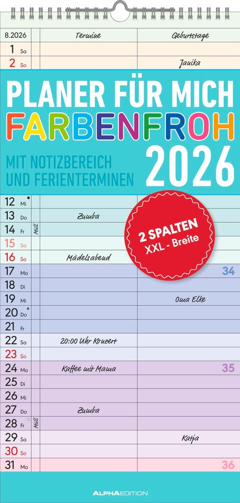 Alpha Edition - Planer für mich Farbenfroh 2026 - Familienkalender 22×45 cm mit 3 Spalten & Ferienterminen, dekorativer Wandplaner für Familie, ...