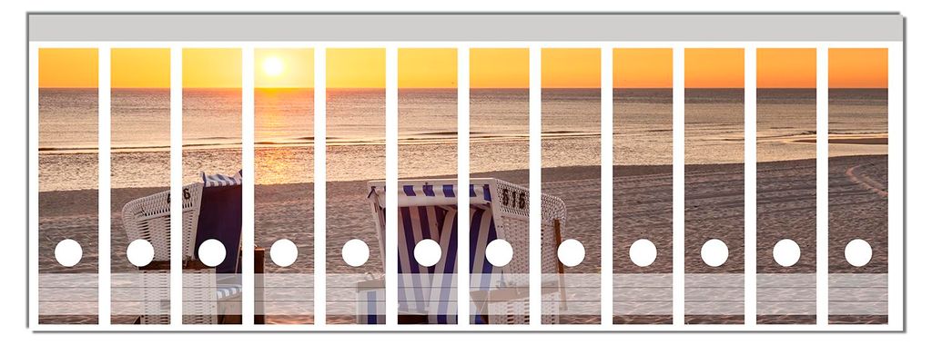 Wallario Ordnerrücken Sticker, selbstklebend für breite Ordner, 12 Stück, Motiv Strandkörbe im Sonnenuntergang