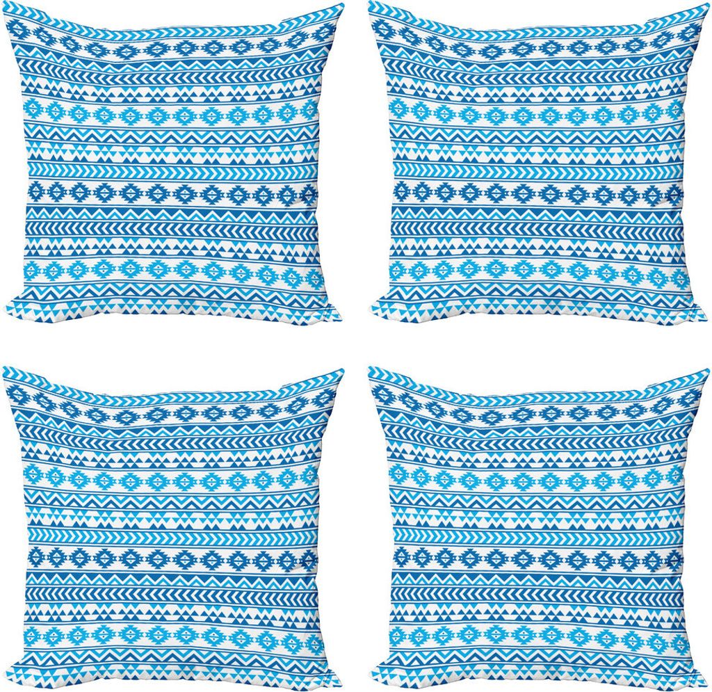 ABAKUHAUS Stammes Kissenbezug Set (4 Stück), Folk Kulturformen, Moderner Doppelseitiger Digitaldruck, 50 cm x 50 cm, Blau Weiss