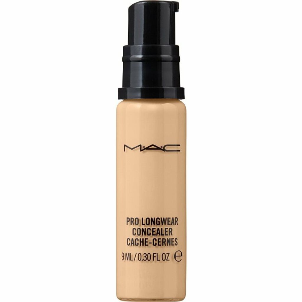 A studio product shot of a MAC Pro Longwear Concealer bottle with a black pump dispenser.