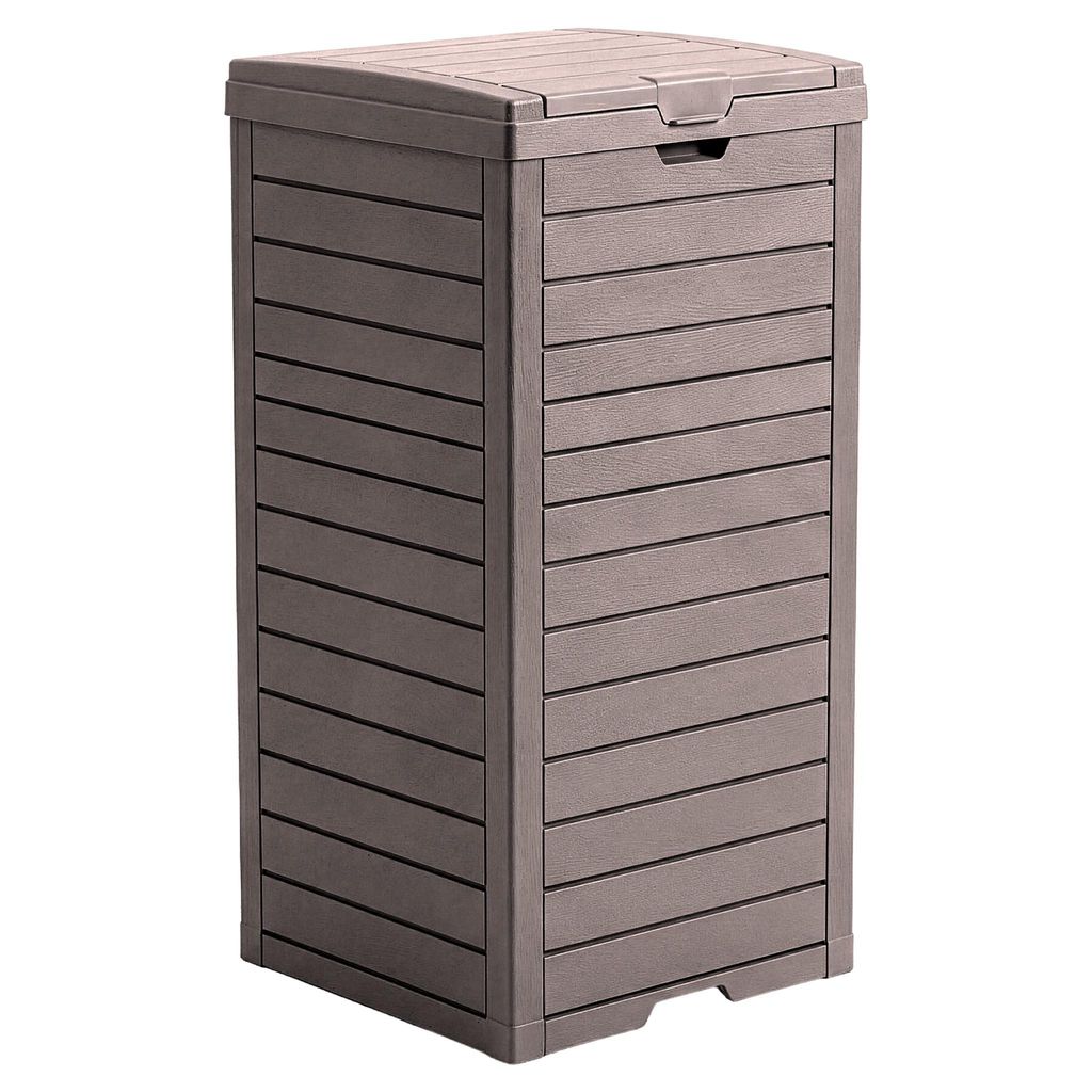 Floordirekt Mülleimer Outdoor Holz-Optik wetterfest 118L braun Müllbehälter für Garten Terrasse mit Deckelsystem Müllsackhalter leicht zu rein...