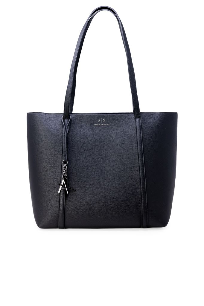 A black Armani Exchange tote bag is shown against a white background.