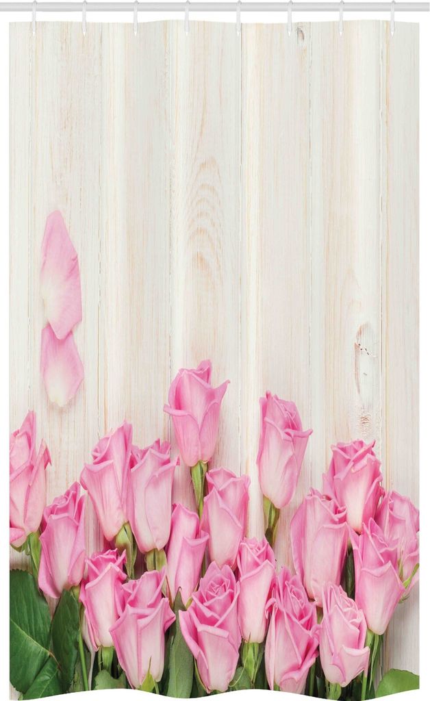 ABAKUHAUS rustikales Holz Schmaler Duschvorhang, Blooming Rose Bouquet, Badezimmer Deko Set aus Stoff mit Haken, 120 x 180 cm, Rosa Beige Grün