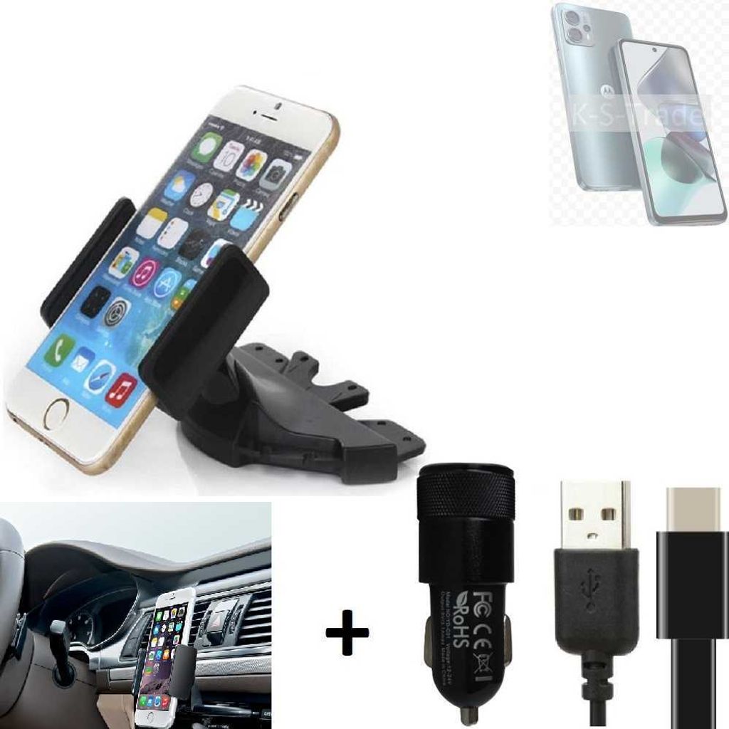 K-S-Trade CD Schlitz Handy-Halterung kompatibel mit Motorola Moto G23 Autohalterung KFZ-Halter Radio Handy Halterung 360° drehbar CD-Schacht inkl.