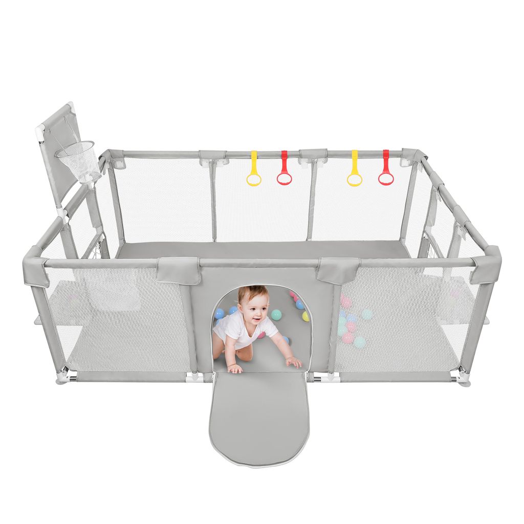Laufstall baby 180x120cm,Laufgitter mit Basketballkorb,Fußballnetzen,Zugring,Schutzgitter mit Rutschfester Basis, Krabbelgitter für Kinder Hellgrau