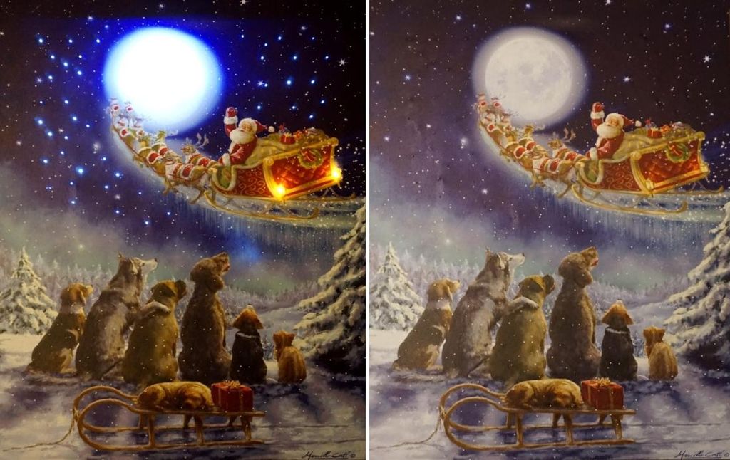 Hunde mit Mond Winter Nikolaus Leuchtbild LED Bild Leinwandbild Wandbild Poster 30 x 40 cm