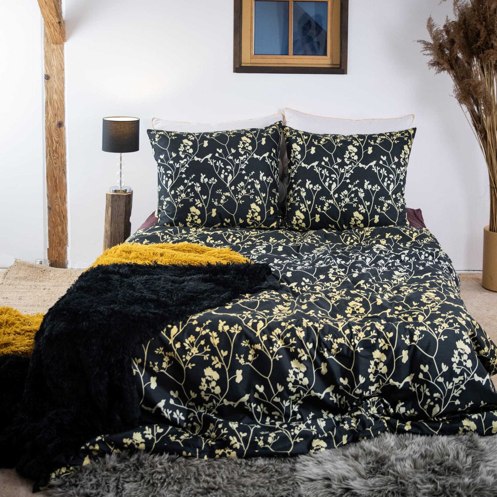 Bettwäsche - 200x200 cm - Bettbezug und Kissenbezügen Set - Schwarz - Goldene Blumen - Mikrofaser Baumwolle - 2 Kissenbezüge 70x80 cm