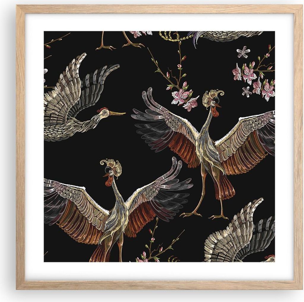 Gerahmtes Poster - Rahmen in heller Eiche - Asiatisch Vögel Verziert - 50x50 cm - Wand Bild - Wanddeko - Wandbilder - Kunstposter - Wandposter - B...