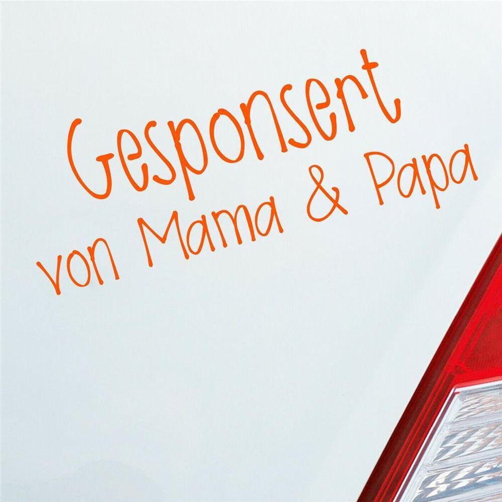 Auto Aufkleber Gesponsort von Mama & Papa Schriftzug KFZ Car 19x8 cm Orange Sticker Heckscheibenaufkleber