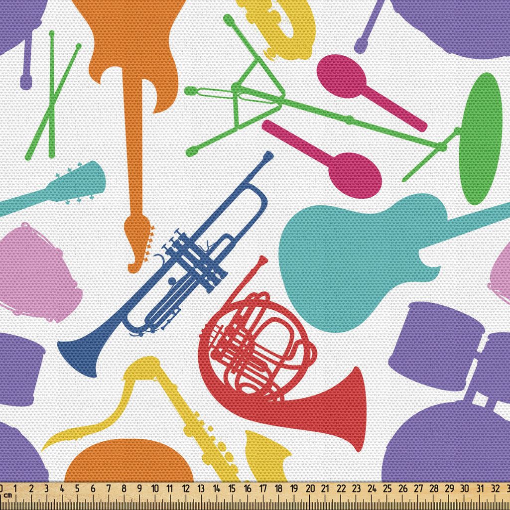 ABAKUHAUS Musik Gewebe als Meterware, Bunte Instrumente Bass Gitarre Rock Mikrofon Trompete Saxophon Jazz Party Theme, 5 M (148 x 500 cm), Mehrfarbig