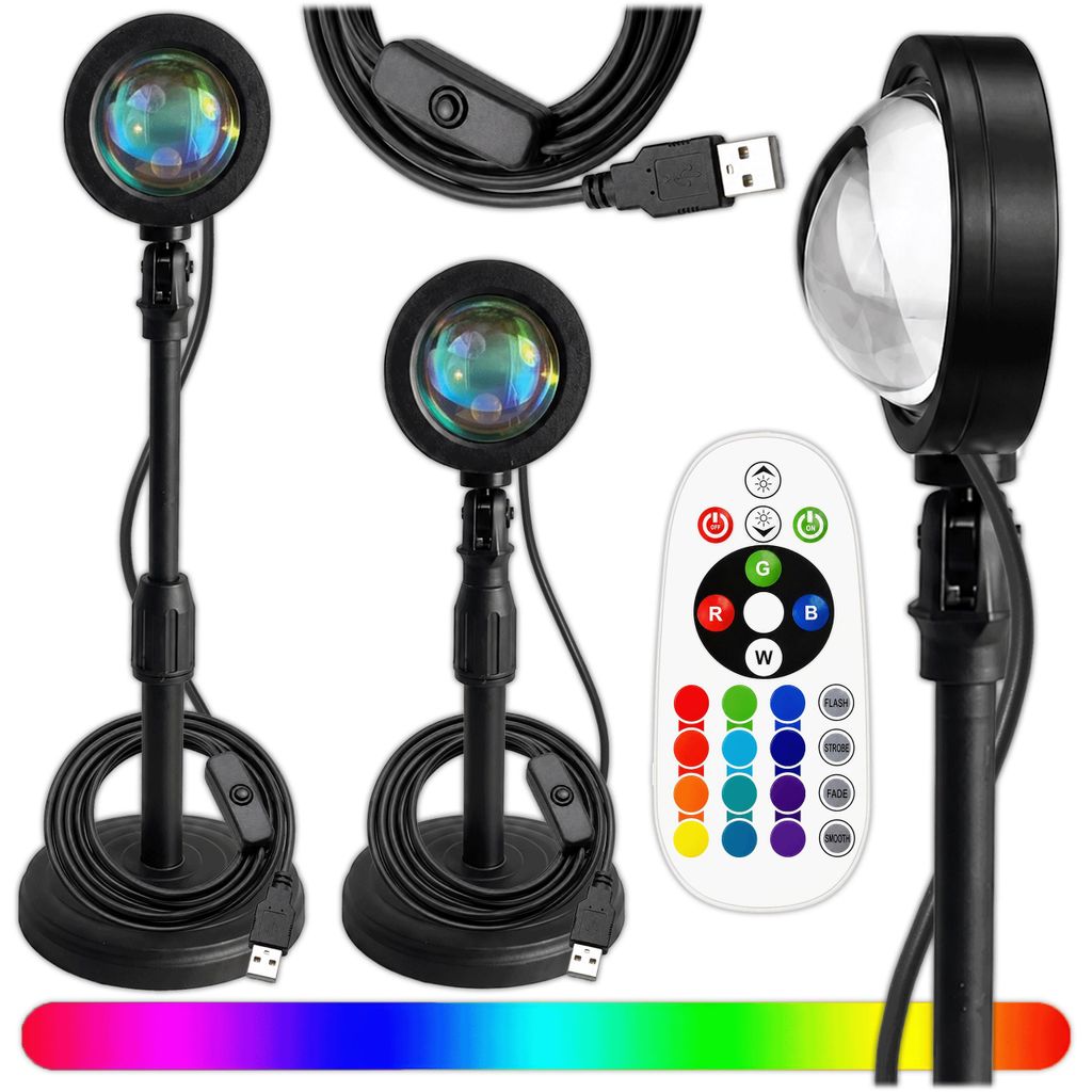 KRUMAD Sunset Lampe RGB mit Fernbedienung, Sonnenuntergang Projektor LED, USB Nachtlicht mit 16 Farben, 180° Drehbar, Schwarz