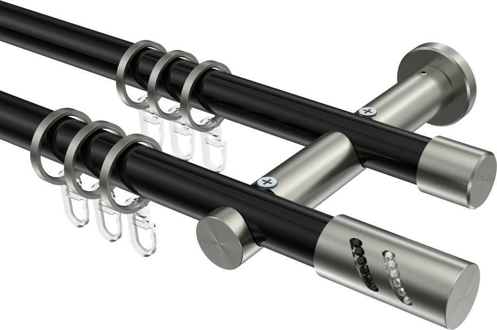 Interdeco Gardinenstange / Vorhangstange Schwarz / Edelstahl-Optik, Typ Platon Zoena (Glitzerzylinder), 20 mm Ø 2-läufig, 420 cm