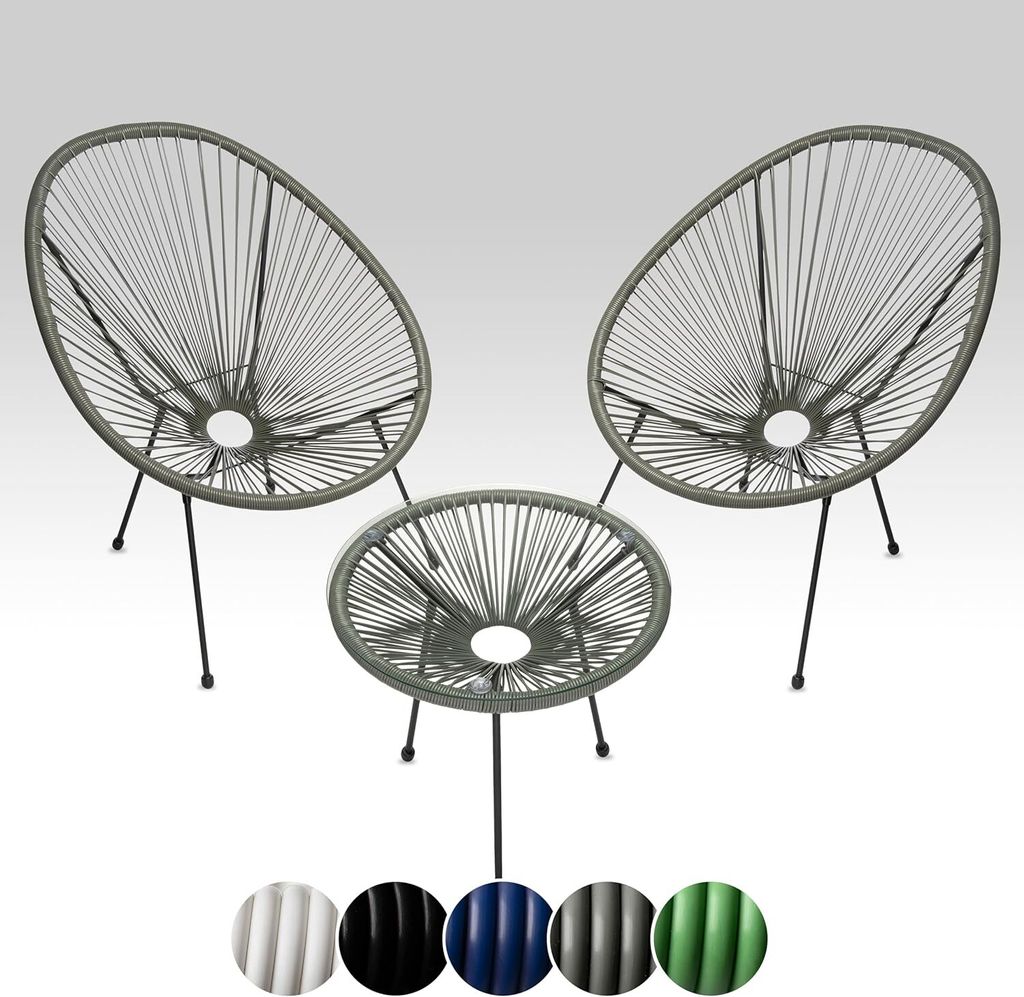 sunnypillow 2er Set Acapulco Gartenstühle mit Tisch | Loungesessel für Wohnzimmer, Terrasse, Garten, Balkon Sessel Stuhl | Grau