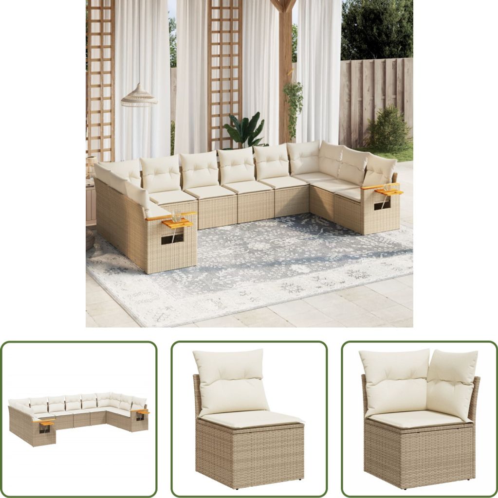 The Living Store 10-tlg. Garten-Sofagarnitur mit Kissen Beige Poly Rattan
