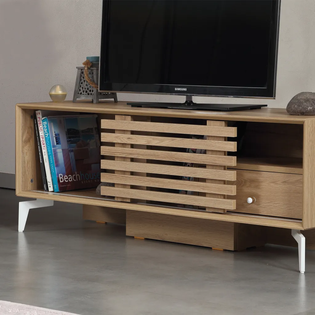 Banc TV 125cm en Chêne Mélaminé Résistant - Modèle Skye Decor Lulu