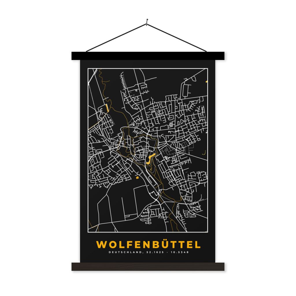 MuchoWow Textilposter Deutschland - Schwarz und Gold - Wolfenbüttel - Stadtplan - Karte 120x180 cm mit schwarzem Rahmen - Fotos