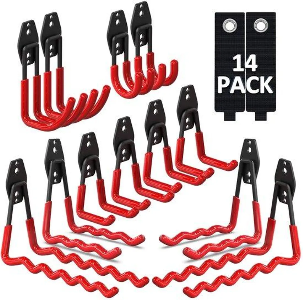 Lot de 14 crochets de garage rouges en acier pour outils et vélos