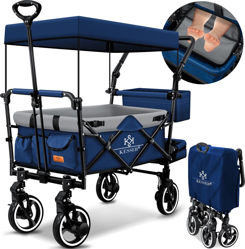 KESSER® Bollerwagen Faltbar GTS-9100 mit Dach Handwagen Transportwagen klappbar inkl. 2x 3-Punkt Gurtsystem 360° Vollgummi-Reifen & Innenraumverlängerung Vorder- und Hinter-Bremse + Tragetasche