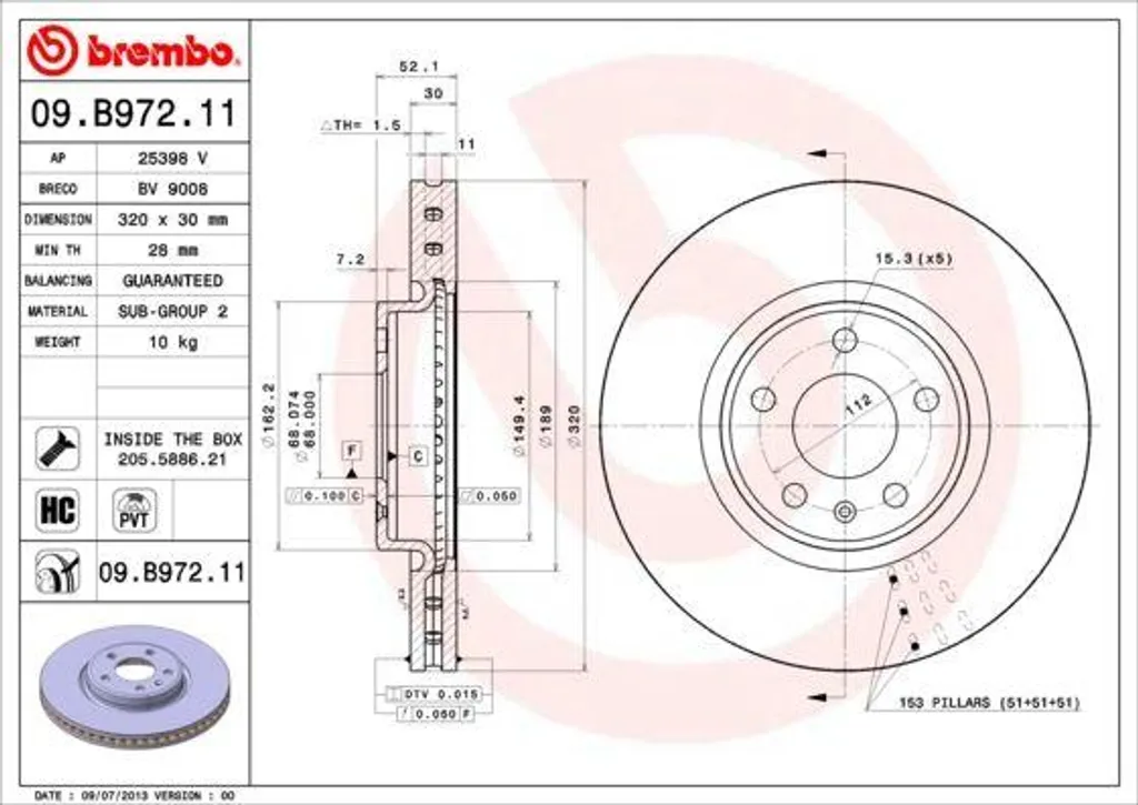 Disque de frein ventilé avant pour Audi A6 4G et A7 Sportback Brembo