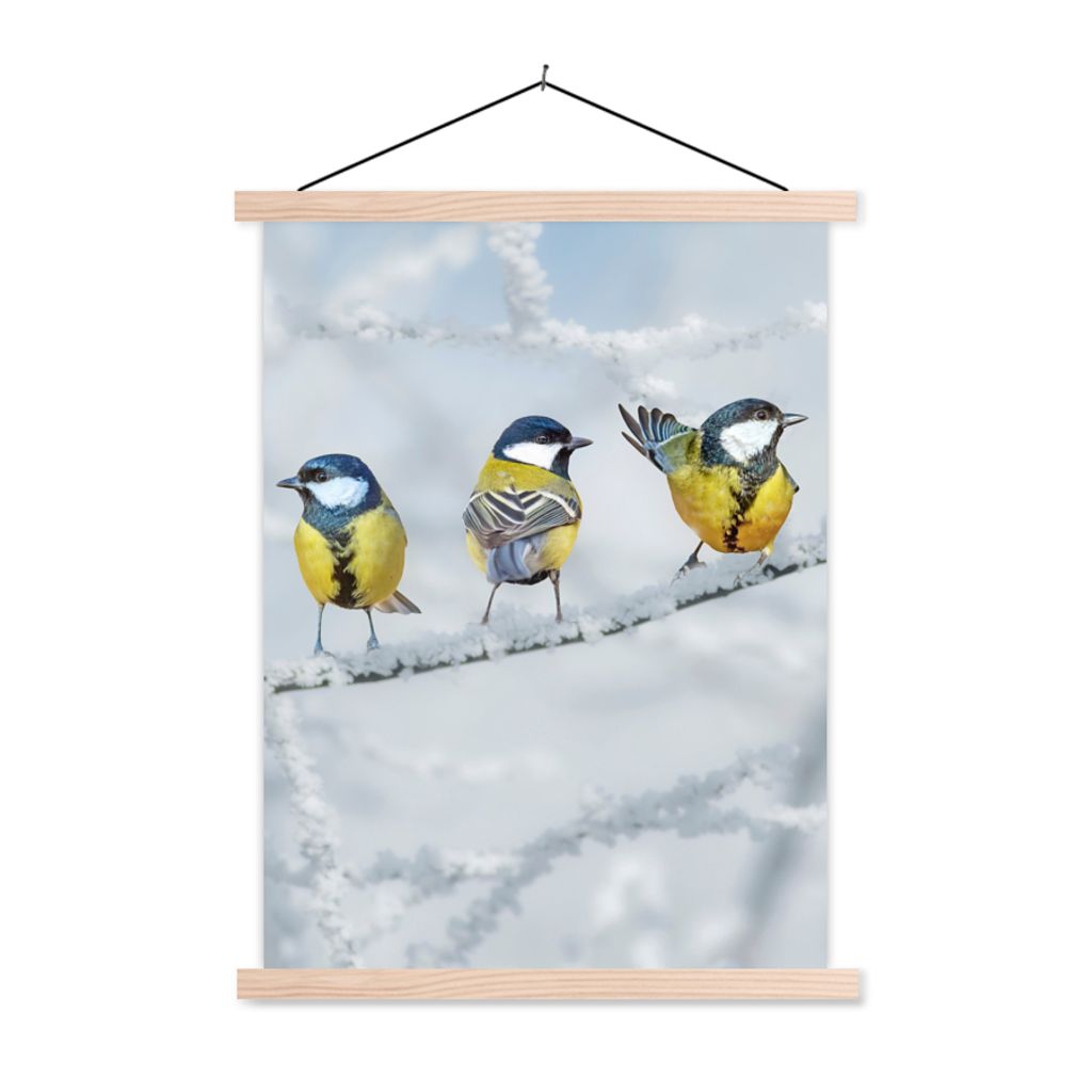 MuchoWow Textilposter Vogel - Kohlmeise - Winter - Schnee - Zweige 120x160 cm mit holzfarbenen Rahmen - Plakatkarton