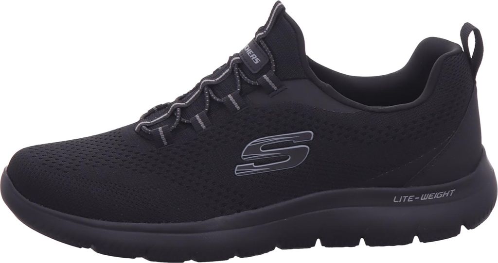 A side view of a black Skechers sneaker.