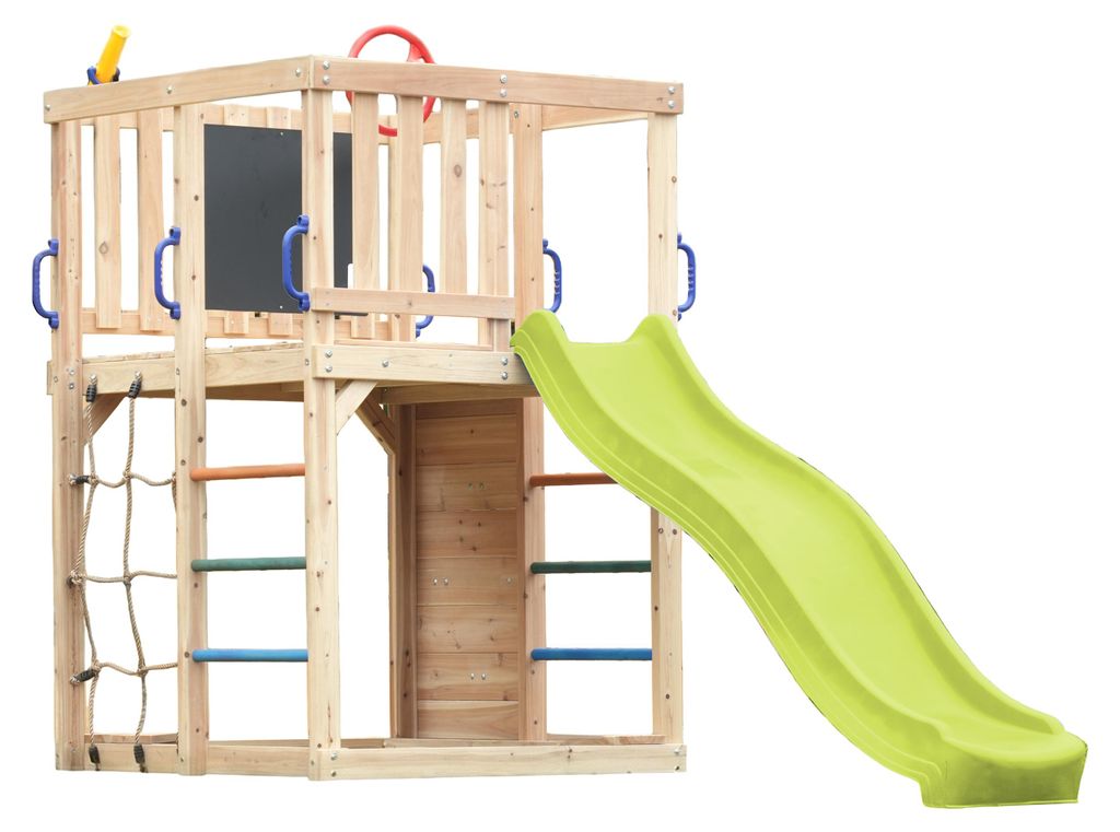 AXI Sam Klettergerüst aus Holz in Braun mit Rutsche in Hellgrün | Spielturm / Spielplatz für Kinder mit Kletterwand, Kletternetz & Hangelstangen...