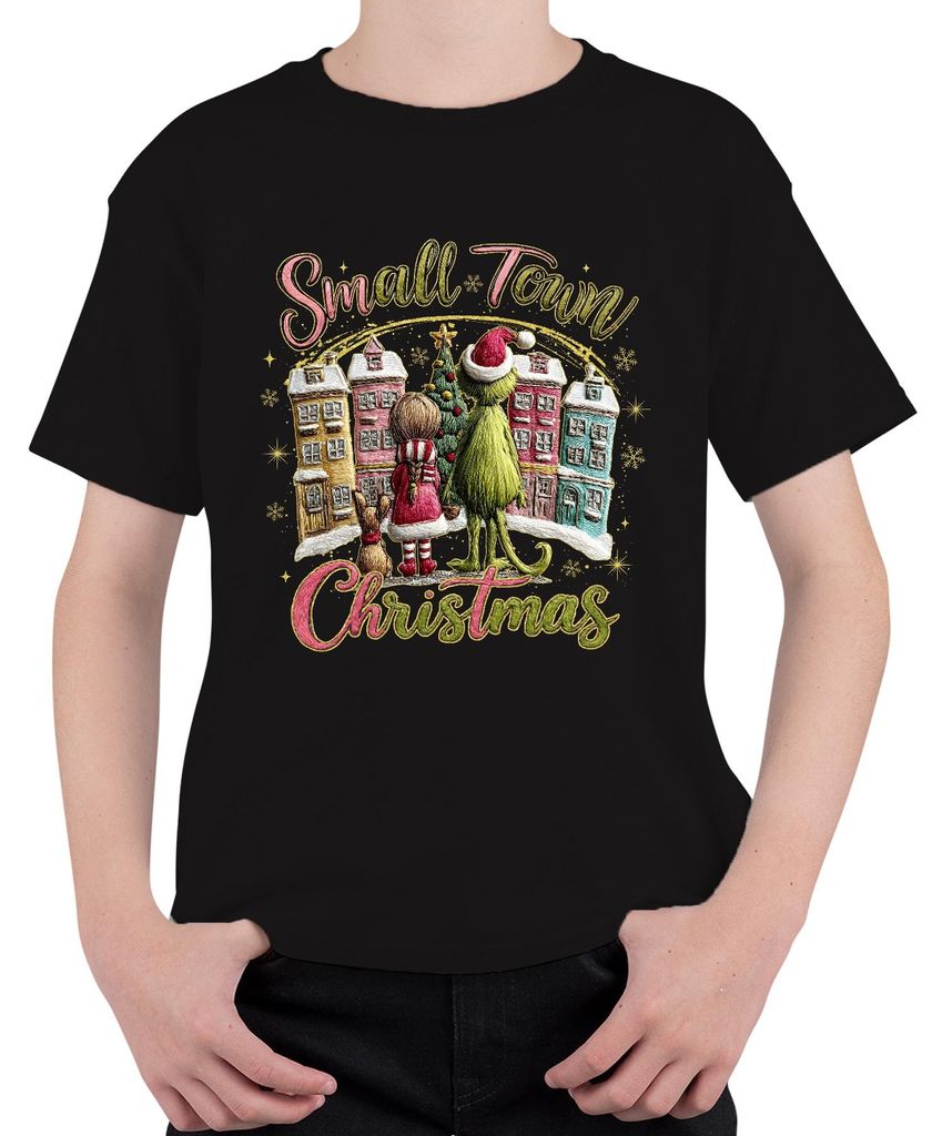 Small Town Christmas Grinch Mädchen Hund Weihnachtsbaum Vintage Uni Kinder T-Shirt, Schwarz, 104