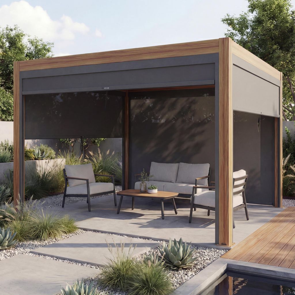Pergola HWC-L46 mit Seitenwand, Lamellen-Pavillon Rollo, 10cm-Alu-Gestell, sturmfest 3x3m Gestell Holzoptik, anthrazit