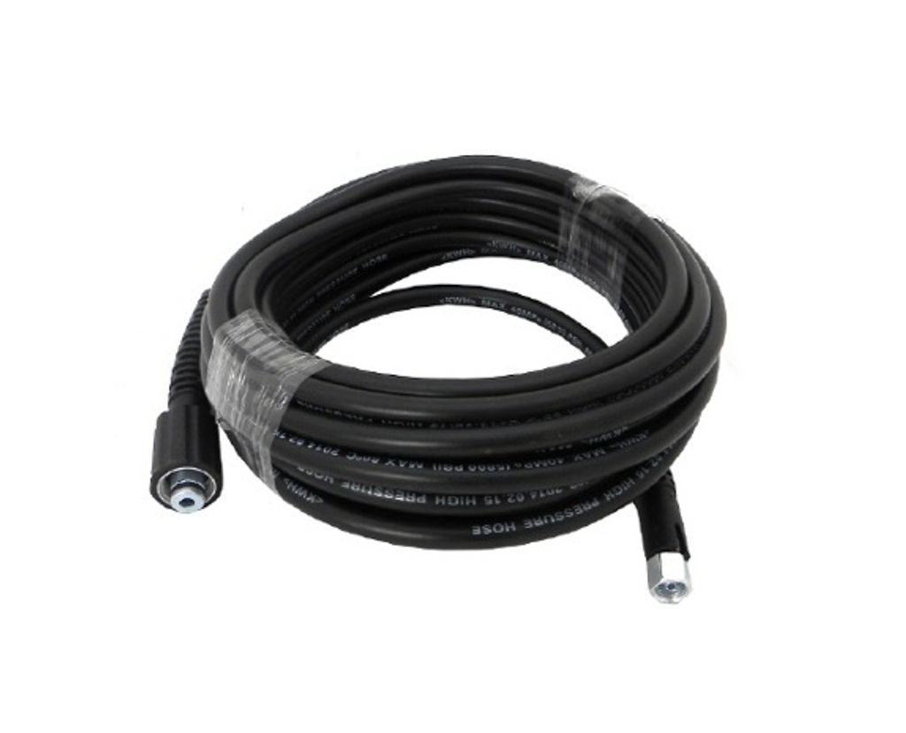 A coiled black pressure washer hose on a white background.