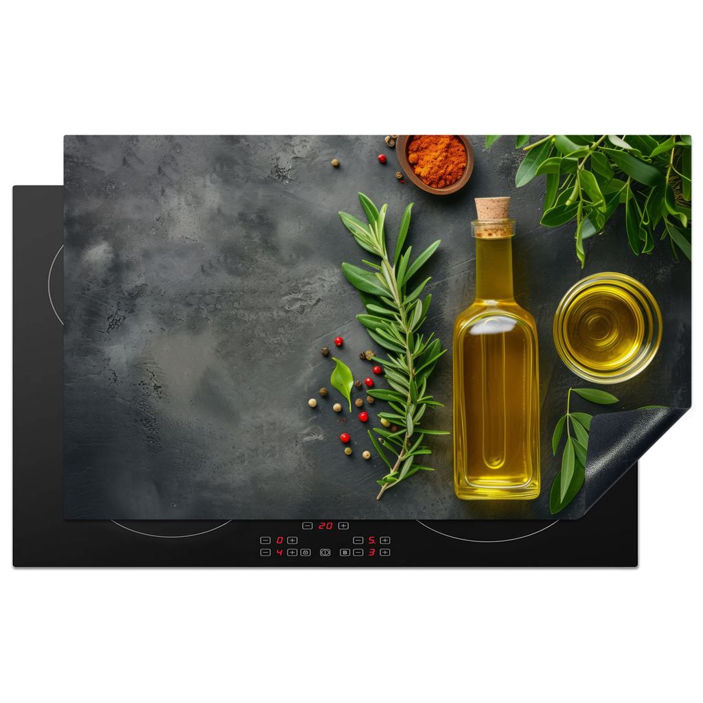 KitchenYeah Herdabdeckplatte Olivenöl - Beton - Gewürze , 85x52cm, Küche Deko, Glaskeramikkochfeld Herdabdeckung, Abdeckplatte fùr Kochfeld