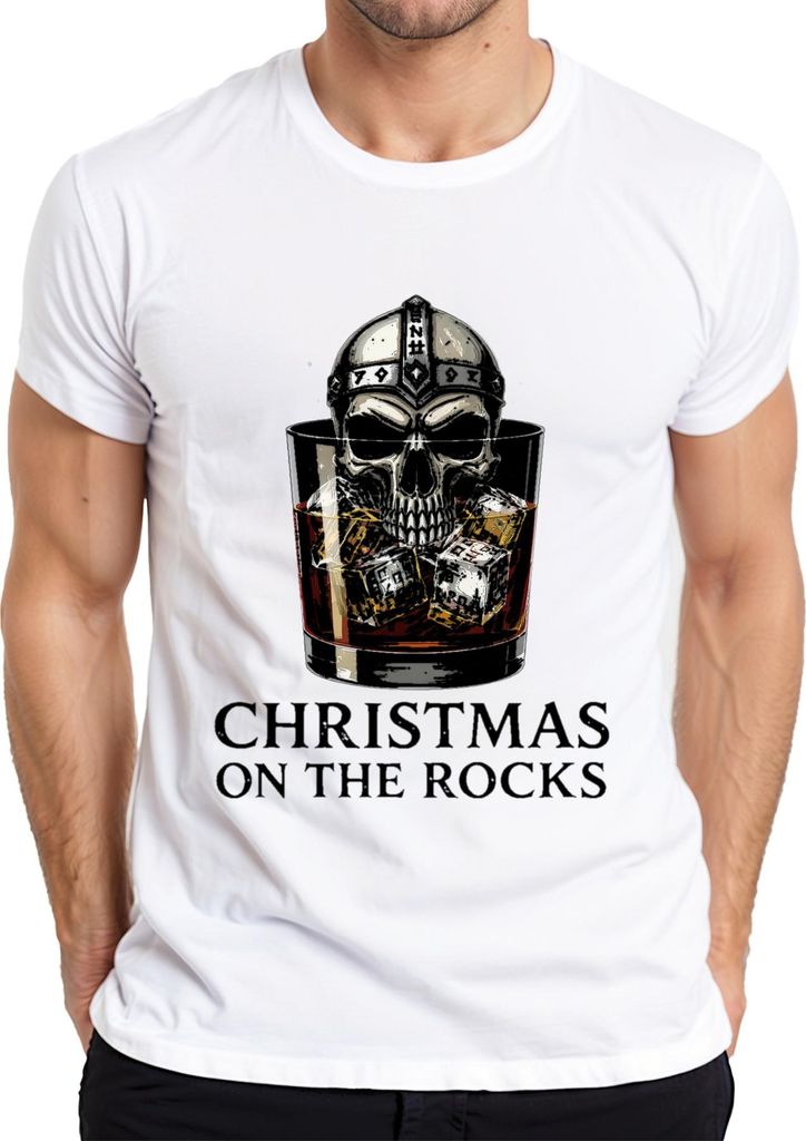Christmas On The Rocks Whiskey Skull Viking Helm Runen Geschenk Herren T-Shirt, Weiß, S