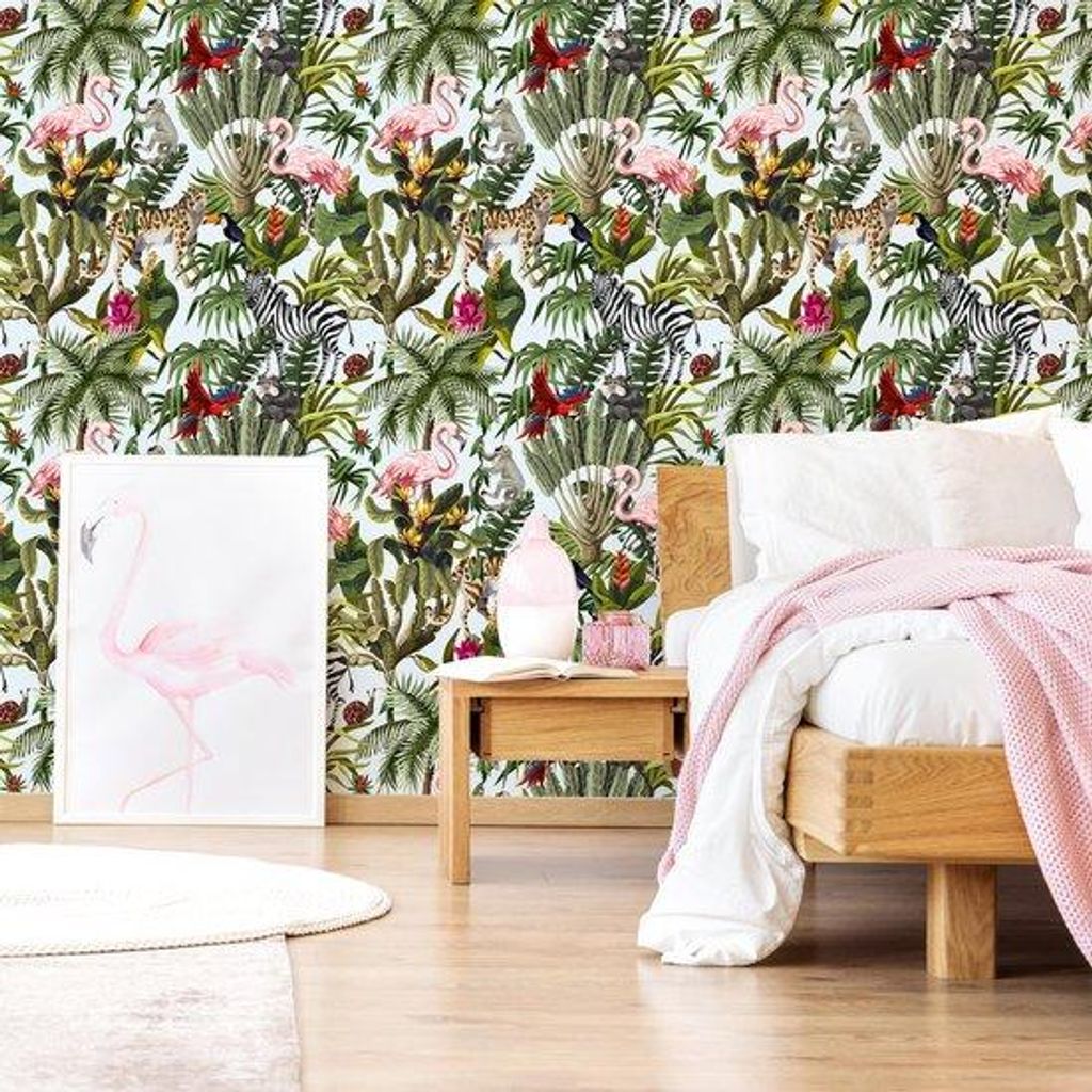 Unyqoos Tropical selbstklebende Fototapete mit Dschungeltieren und Blumenmuster