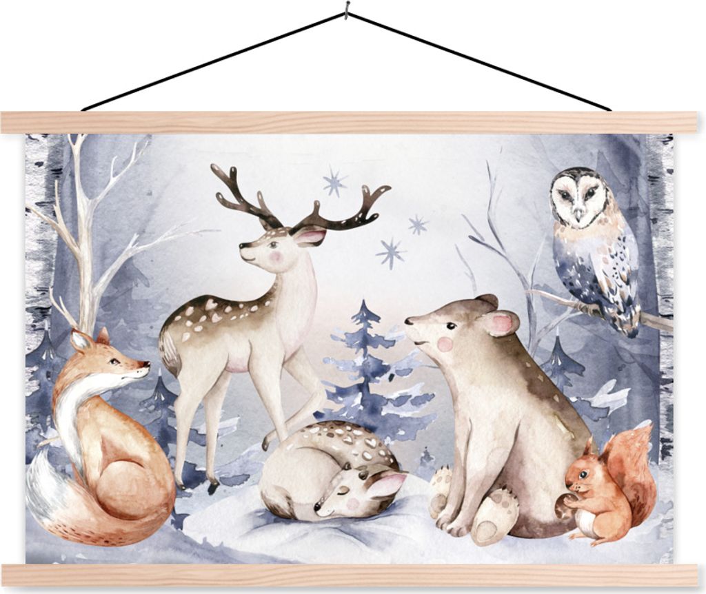 MuchoWow Textilposter Winter - Tiere - Schnee 120x80 cm mit holzfarbenen Rahmen - Aufhängeset
