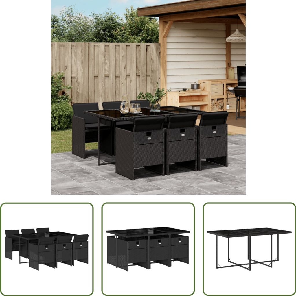 The Living Store 7-tlg. Garten-Essgruppe mit Kissen Schwarz Poly Rattan