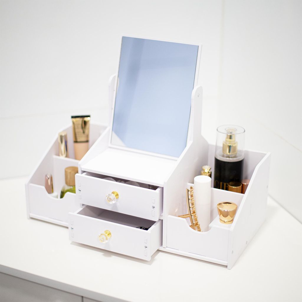 Organizer Make-up mit 2 Schubladen und Spiegel für den Schminktisch schmuckkästchen Weiß