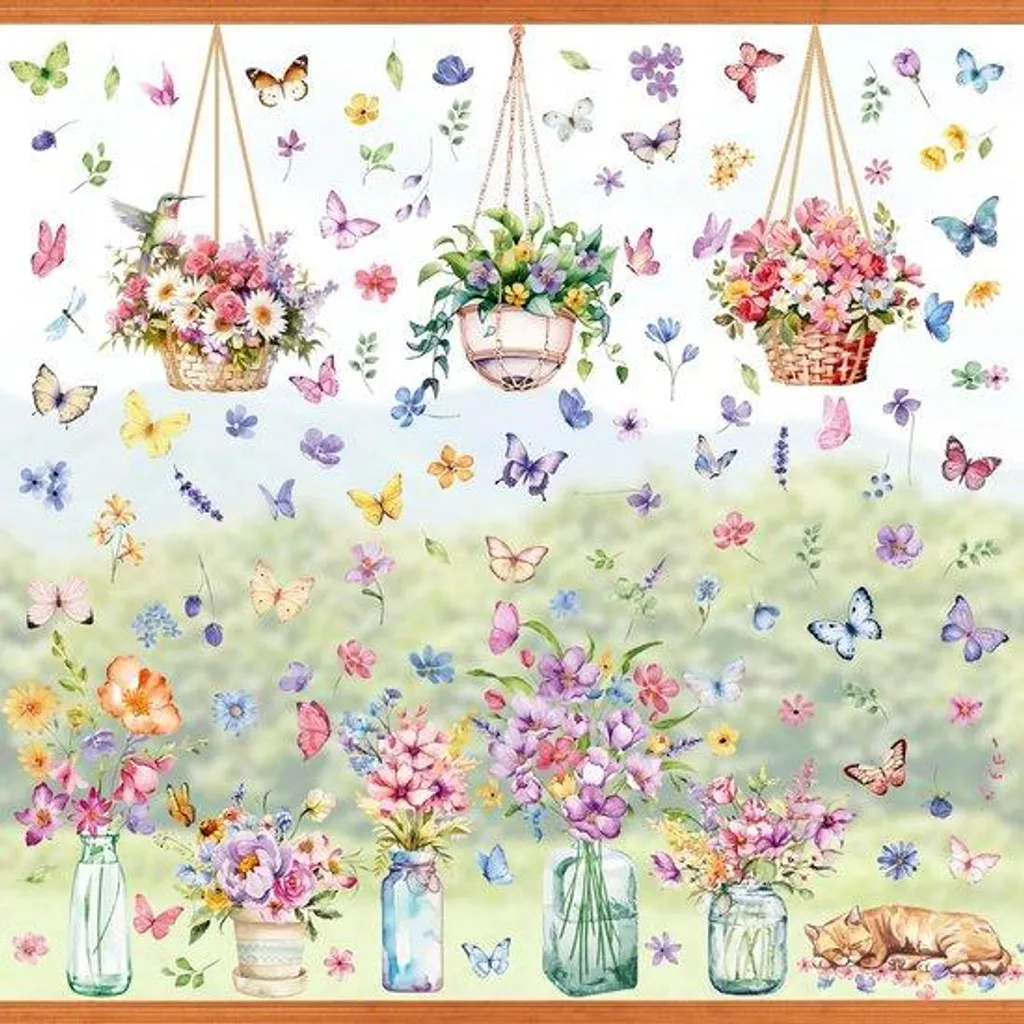 Autocollants Tulipes et Oiseaux Colorés - Déco Printanière 9 Unités
