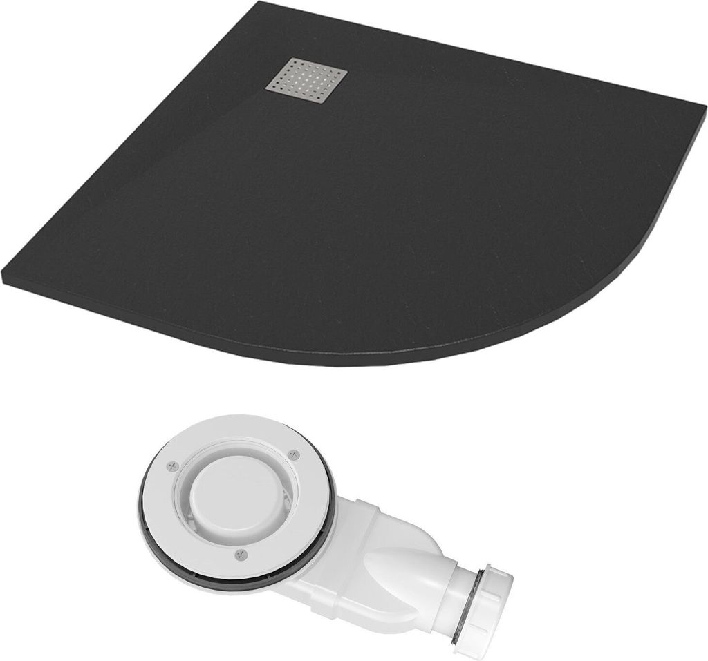 AQUALAVOS SMC Duschtasse 90x90cm, mit Ablaufgarnitur,schwarz,Anti-Rutsch,Zuschneidbar,Steinoptik,superflach,bodenebene Montage,Radius 55 cm,Viertel...