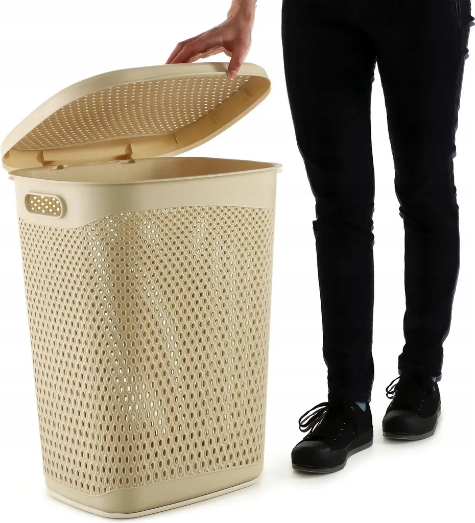 Corbeille à linge 55L beige avec couvercle rabattable bac à linge design - 5